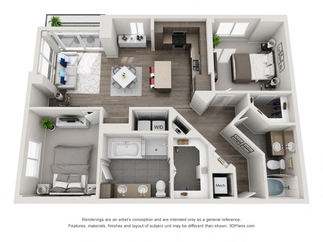Floor plan for 2 beds, 2 baths, 1266 sqft